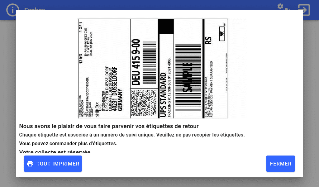 Application Ecobox - Ecran étiquette à imprimer consommables individuels Ecran de configuration Ecobox renvoi de consommables individuels etiquette de retour